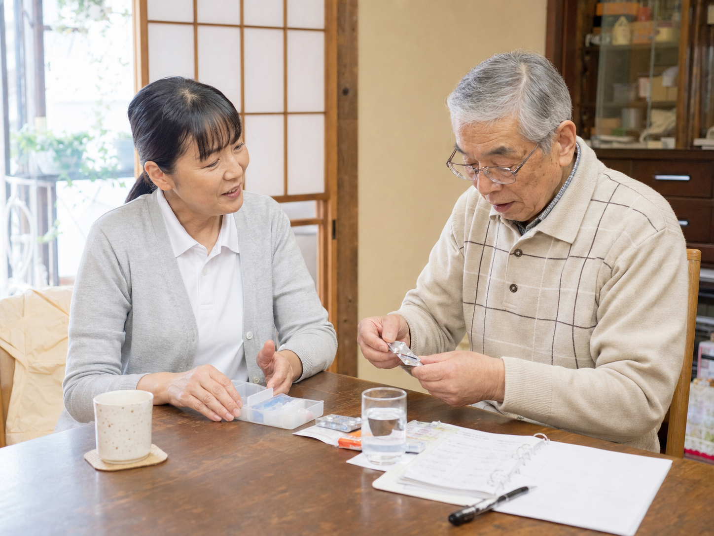 日本の家庭で服薬を確認する訪問介護